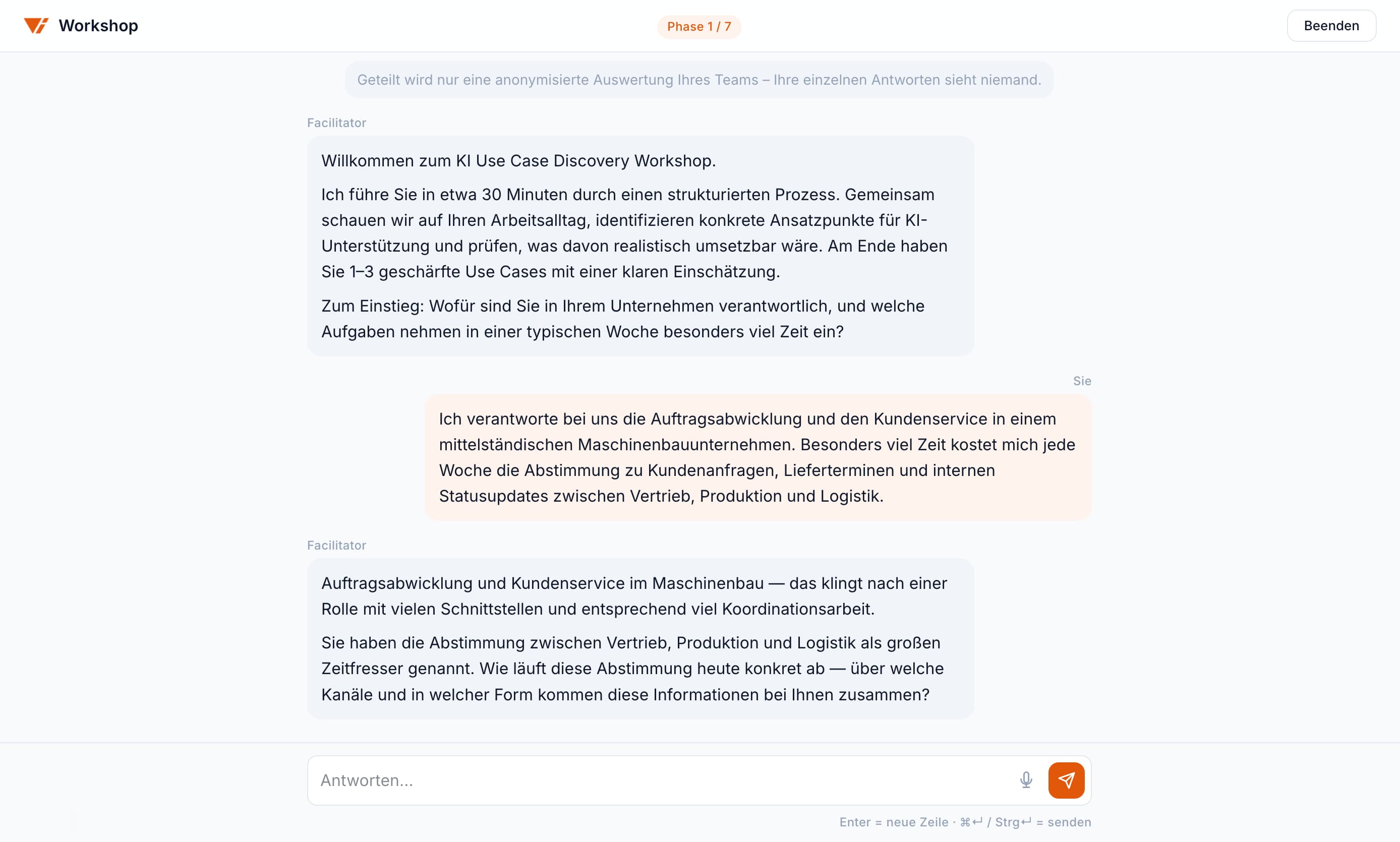 Screenshot einer KI-Workshop-Session mit dem Gespräch zwischen Teilnehmer und KI-Moderator