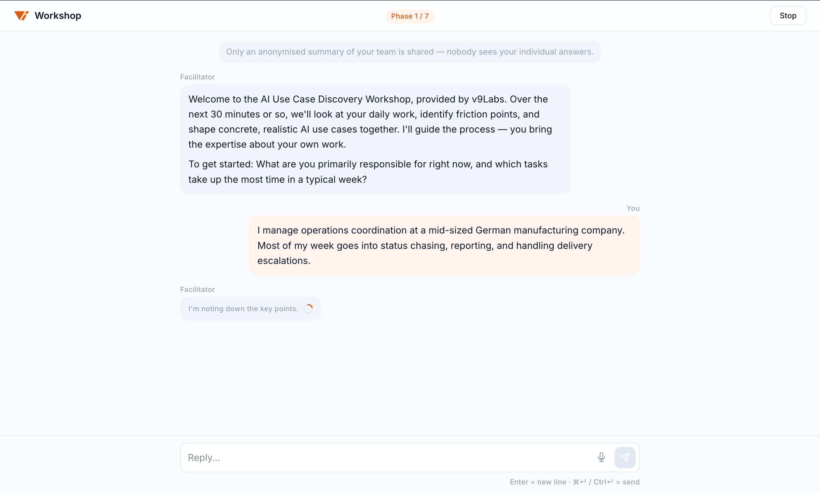 Screenshot of the AI workshop session interface showing the facilitator conversation