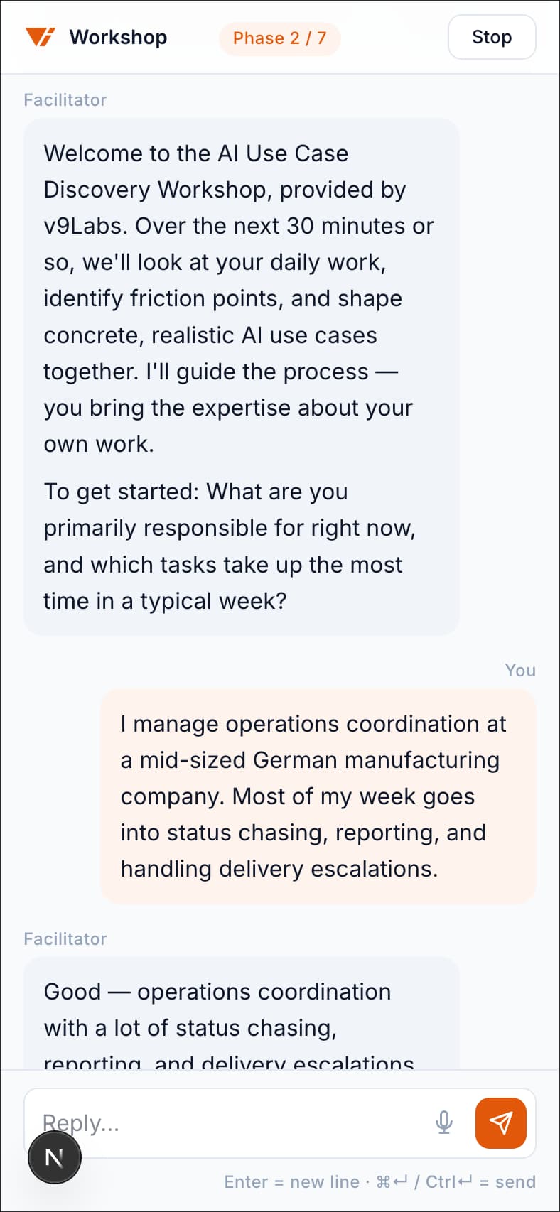 Screenshot of the AI workshop session interface showing the facilitator conversation